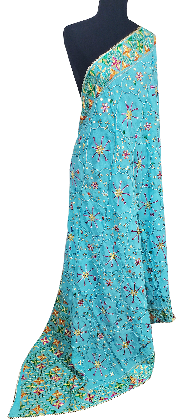 Turquoise Blue Pure Chinon Duppatta Mirror, Sitara, Gotta Patti, Silk and Thread Work Done