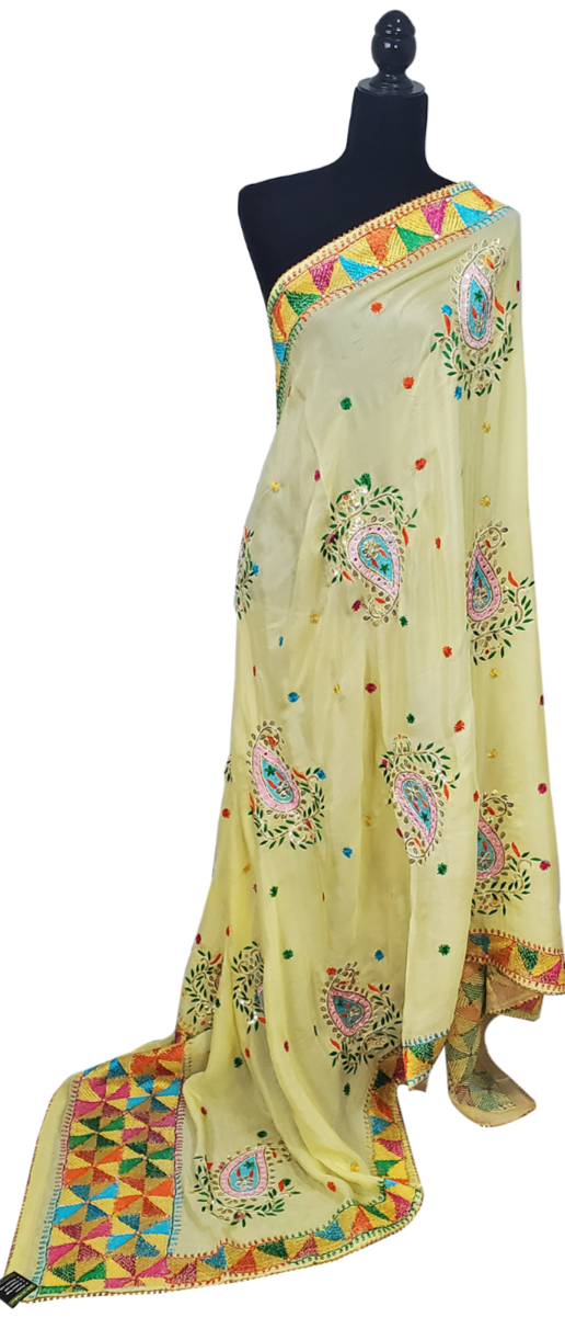 Lemon Yellow Pure Chinon Duppatta Mirror, Sitara, Gotta Patti, Silk and Thread Work Done