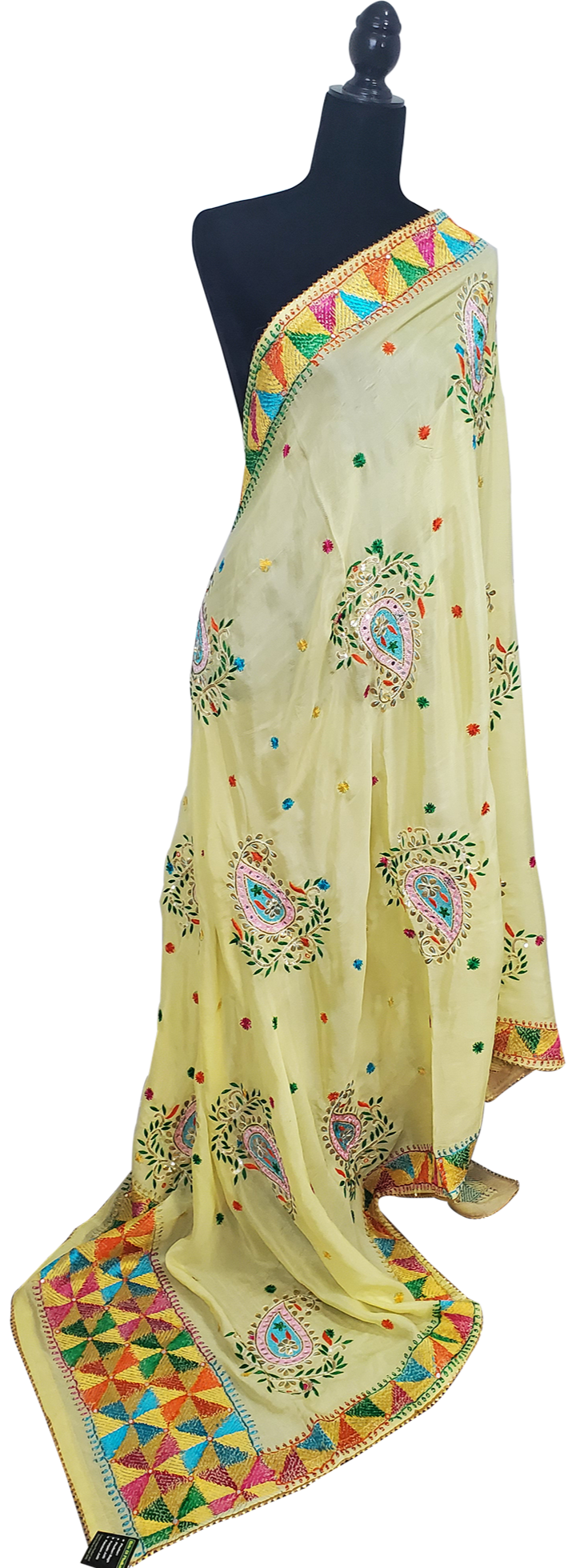 Lemon Yellow Pure Chinon Duppatta Mirror, Sitara, Gotta Patti, Silk and Thread Work Done