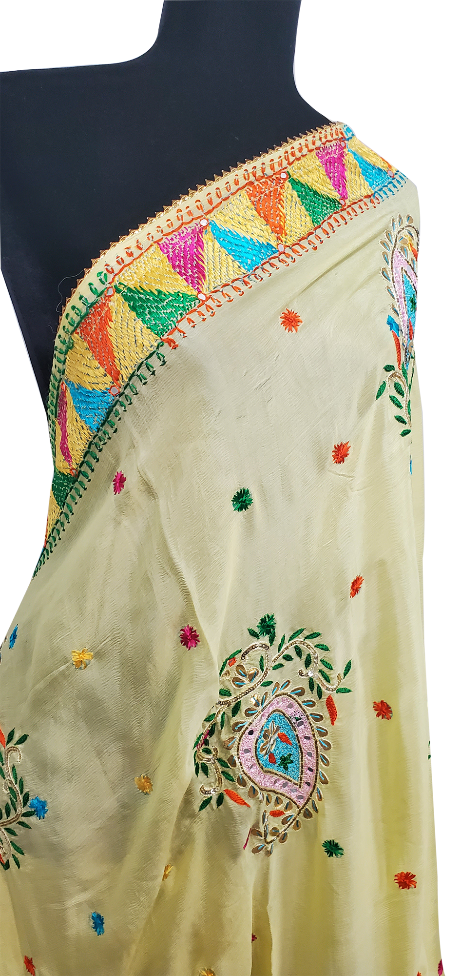 Lemon Yellow Pure Chinon Duppatta Mirror, Sitara, Gotta Patti, Silk and Thread Work Done