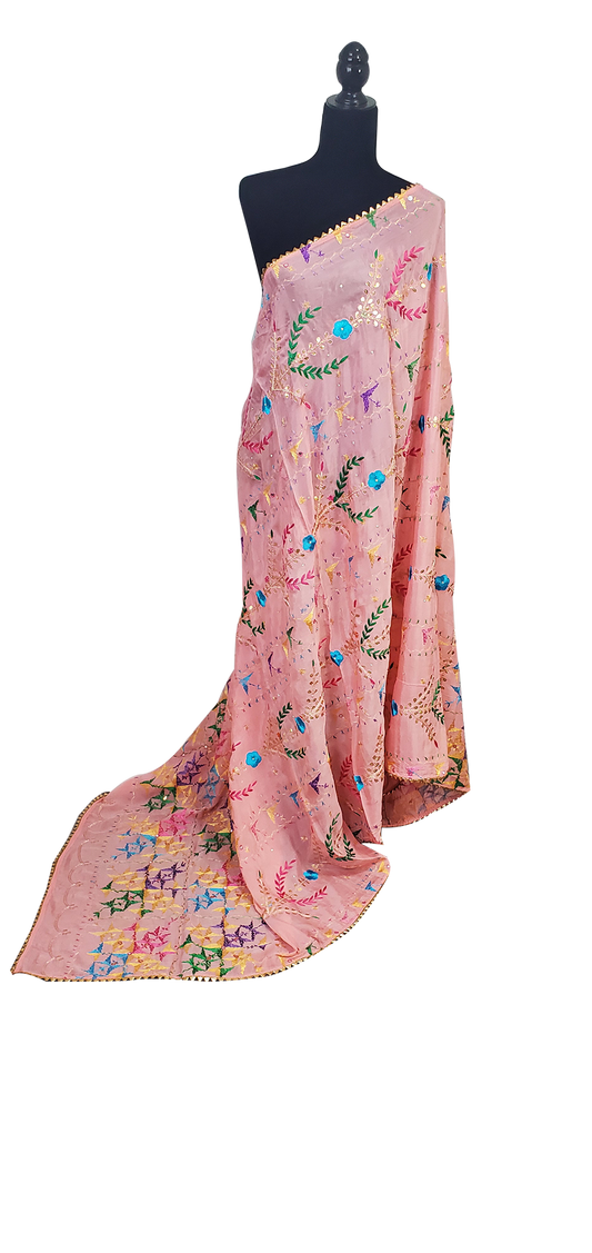 Peach Semi Chinon Duppatta Silk, Gotta Patti, Thread Work Done