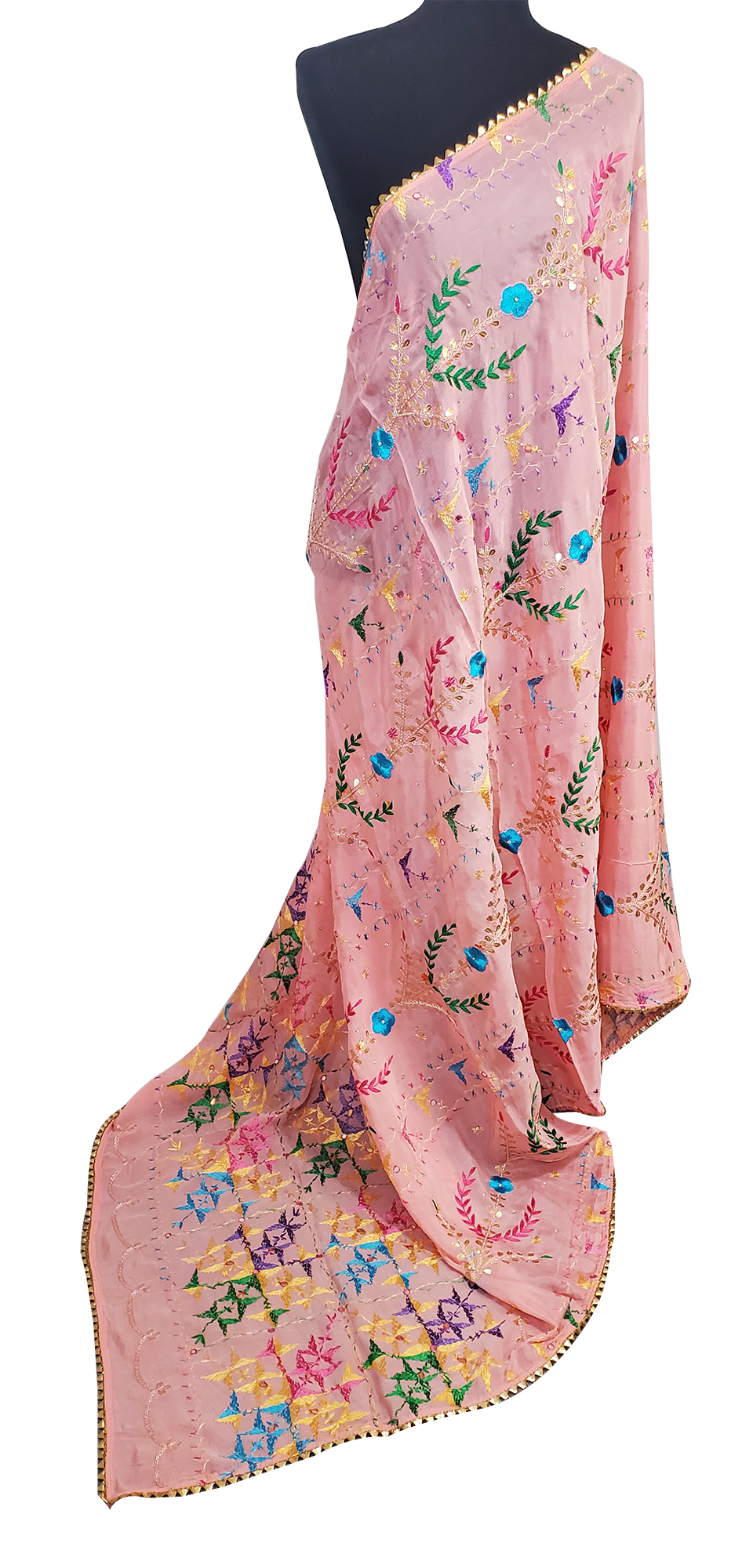 Peach Semi Chinon Duppatta Silk, Gotta Patti, Thread Work Done