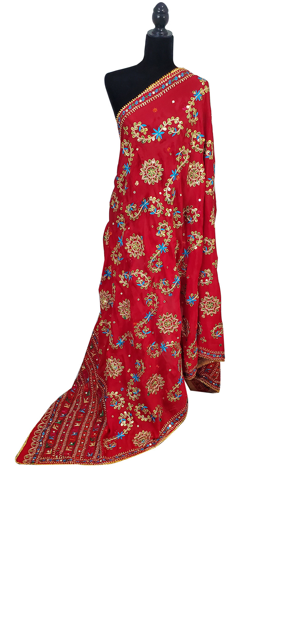 Red Pure Chinon Duppatta Silk, Gotta Patti, Thread Work Done