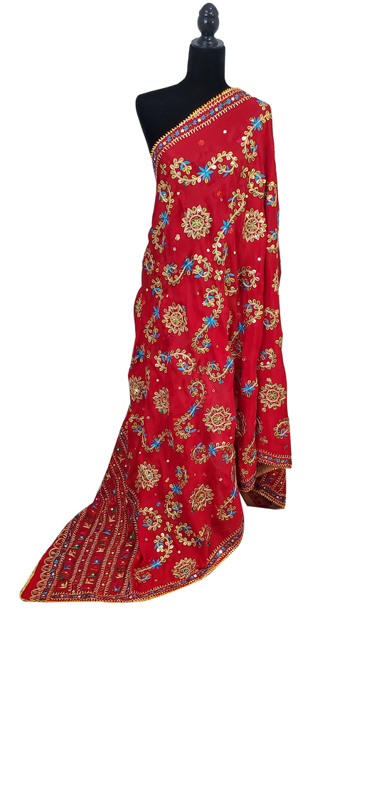 Red Pure Chinon Duppatta Silk, Gotta Patti, Thread Work Done