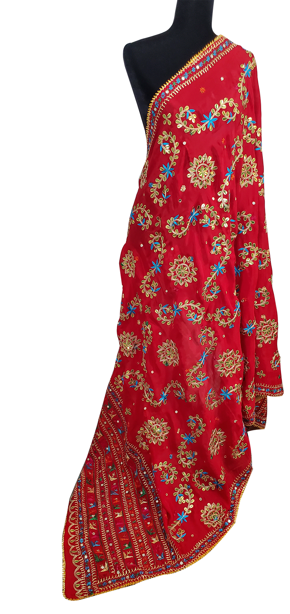 Red Pure Chinon Duppatta Silk, Gotta Patti, Thread Work Done