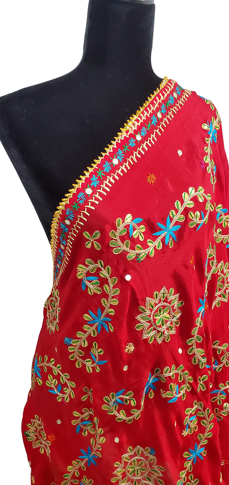 Red Pure Chinon Duppatta Silk, Gotta Patti, Thread Work Done