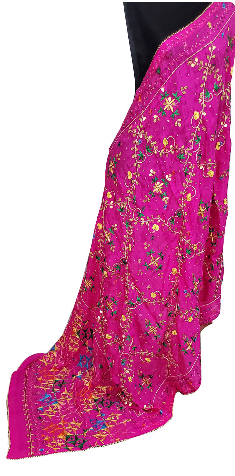 Hot Pink Pure Chinon Duppatta Silk, Gotta Patti, and Thread Work Done