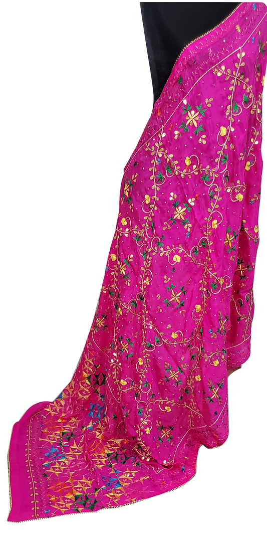 Hot Pink Pure Chinon Duppatta Silk, Gotta Patti, and Thread Work Done