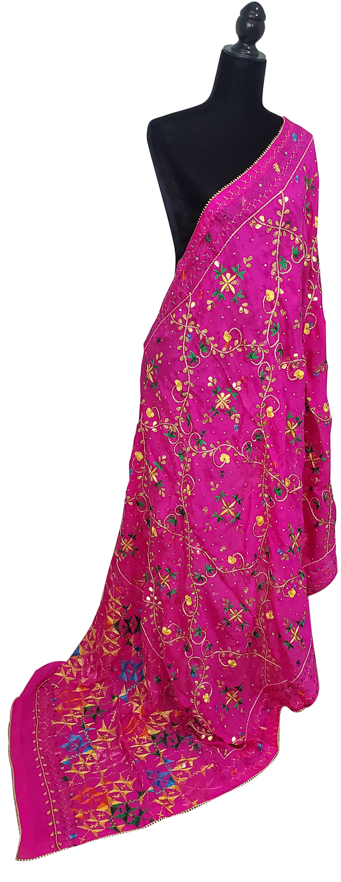 Hot Pink Pure Chinon Duppatta Silk, Gotta Patti, and Thread Work Done