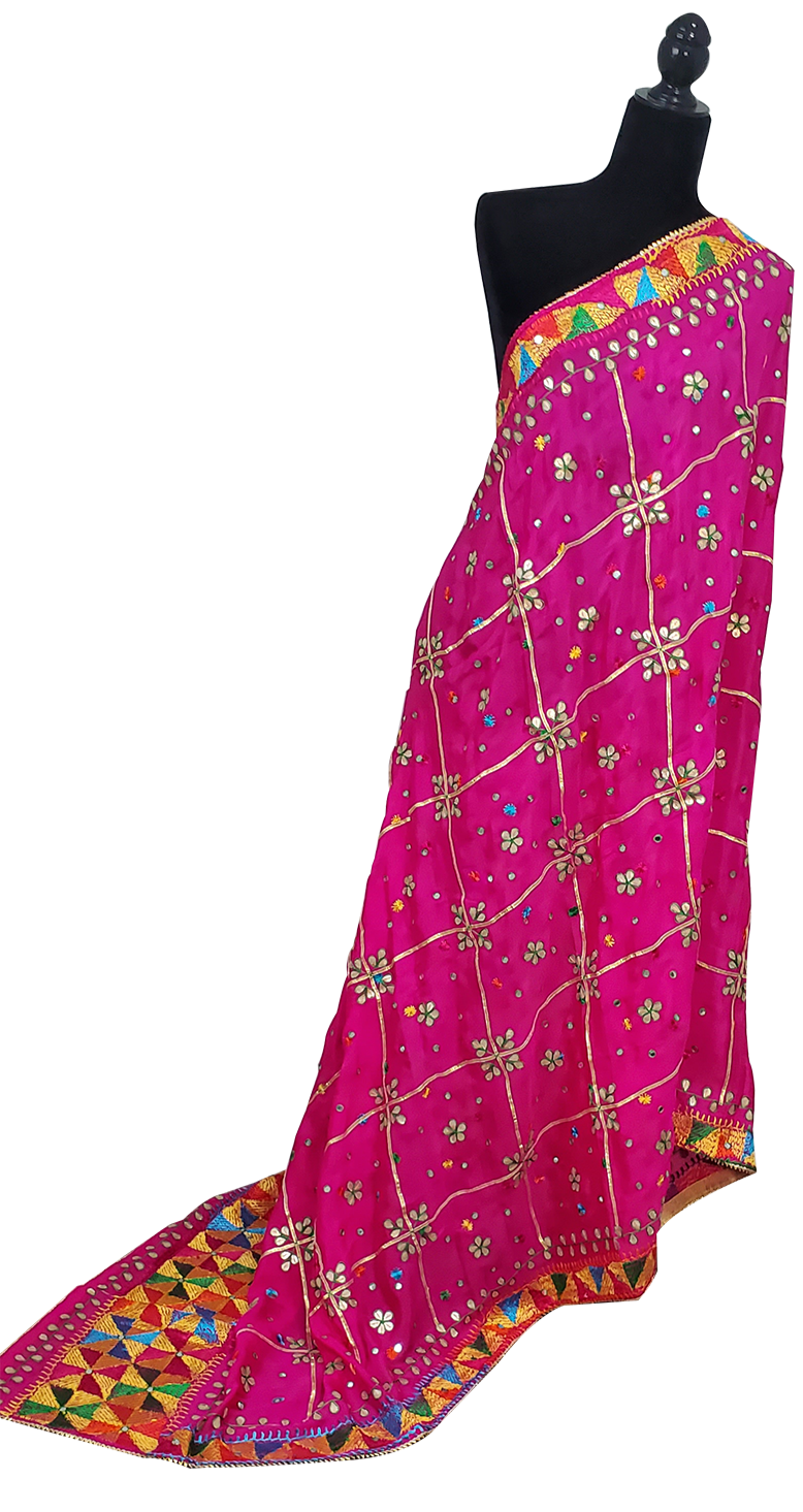 Red Pure Chinon Gotta Patti and Sitara and Phulkari Work