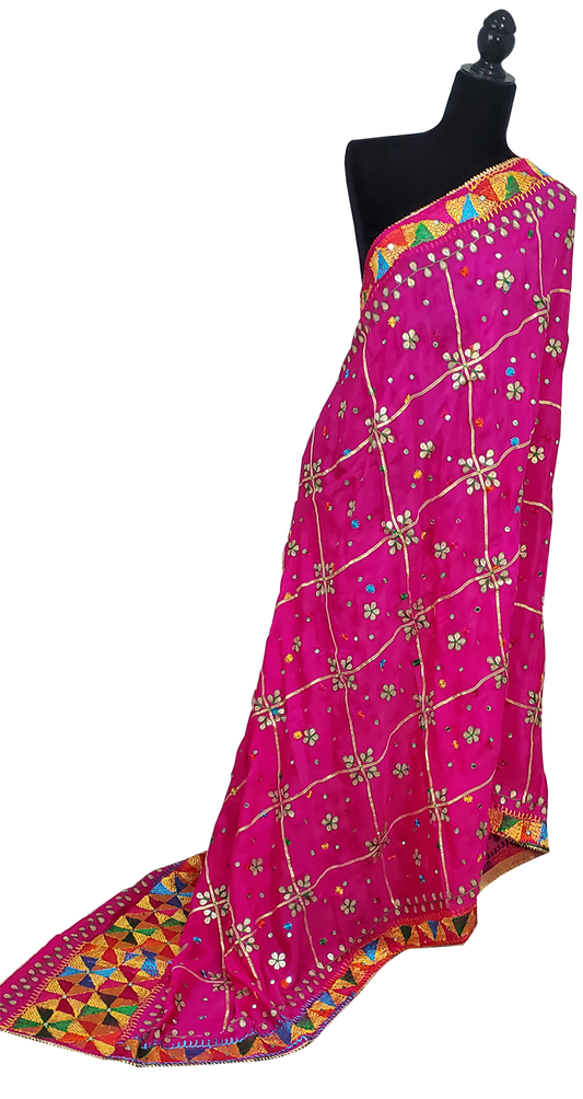 Red Pure Chinon Gotta Patti and Sitara and Phulkari Work