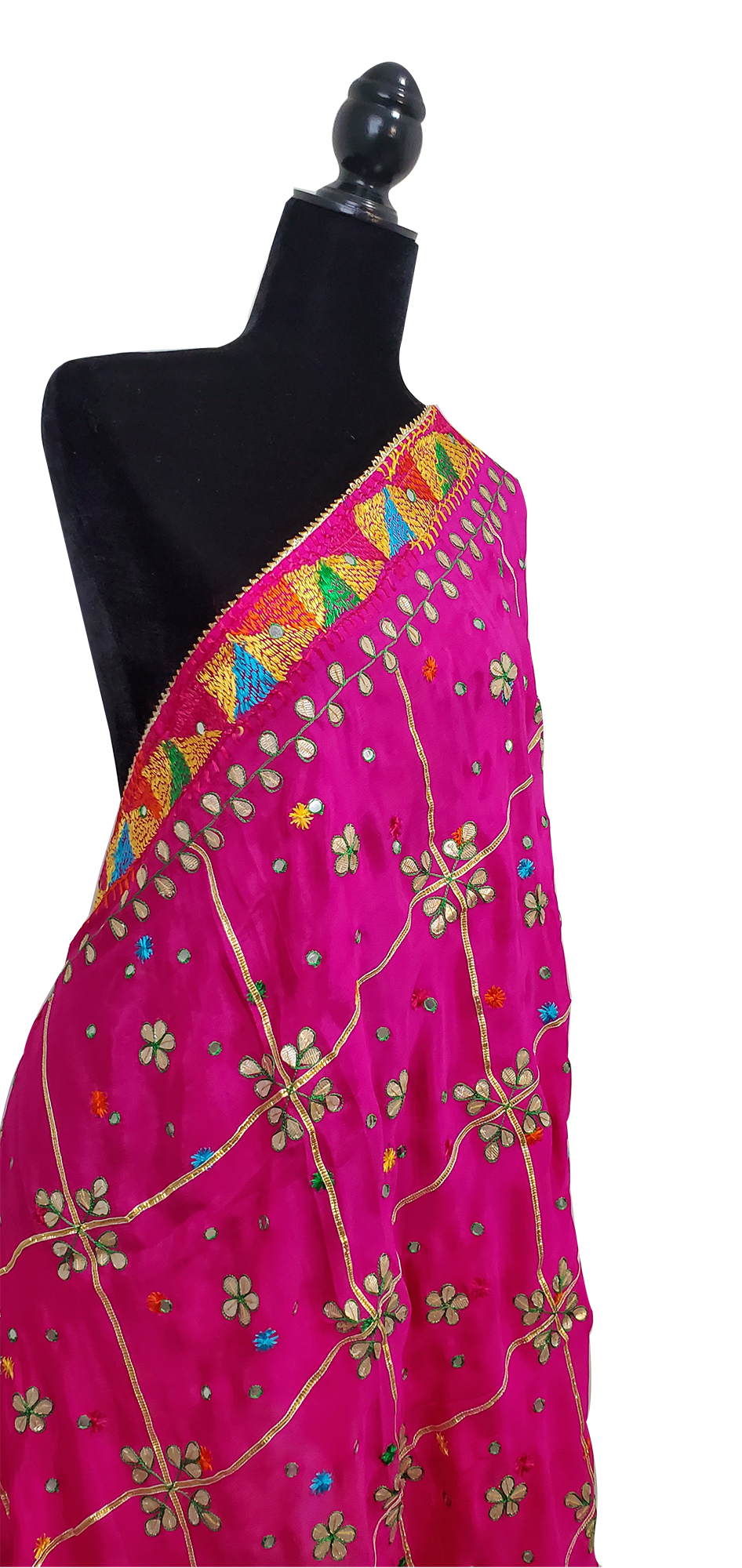 Red Pure Chinon Gotta Patti and Sitara and Phulkari Work