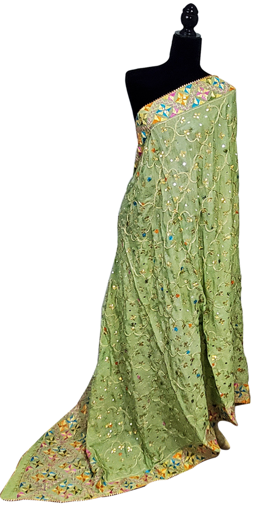 Pista Green Pure Chinon Handmade Gotta Patti With Silk & Thread Work