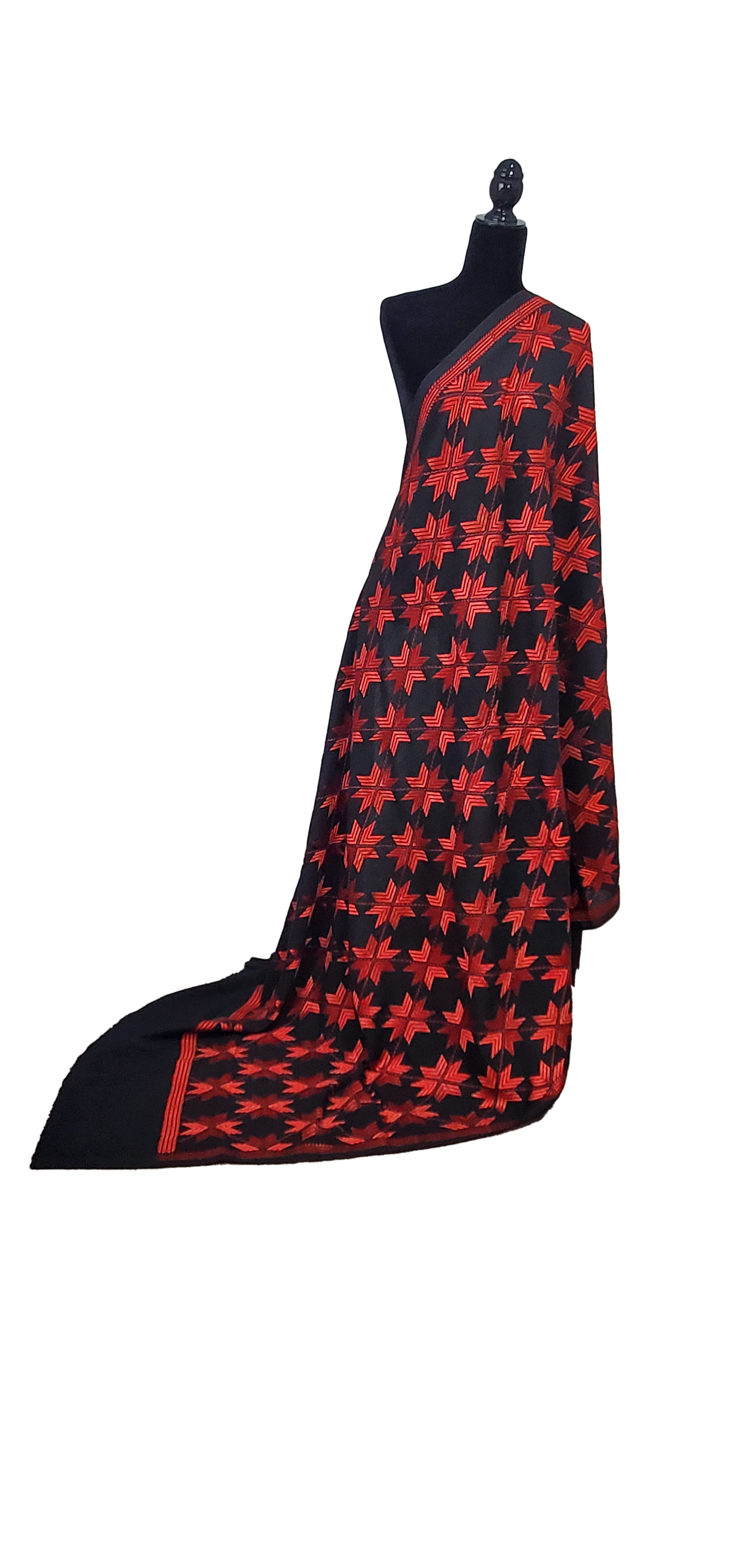 Black Phulkari Shawl  Mehroon Floral Thread Work