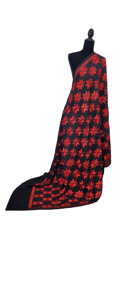 Black Phulkari Shawl  Mehroon Floral Thread Work