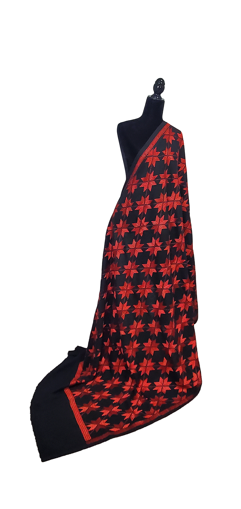 Black Phulkari Shawl  Mehroon Floral Thread Work