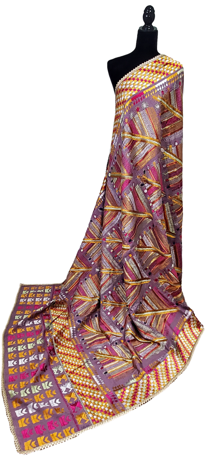 Light Purple Bagh Phulkari Khaddar Leaf and Floral Thread Work.