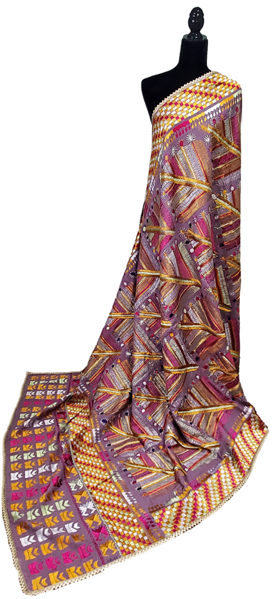 Light Purple Bagh Phulkari Khaddar Leaf and Floral Thread Work.