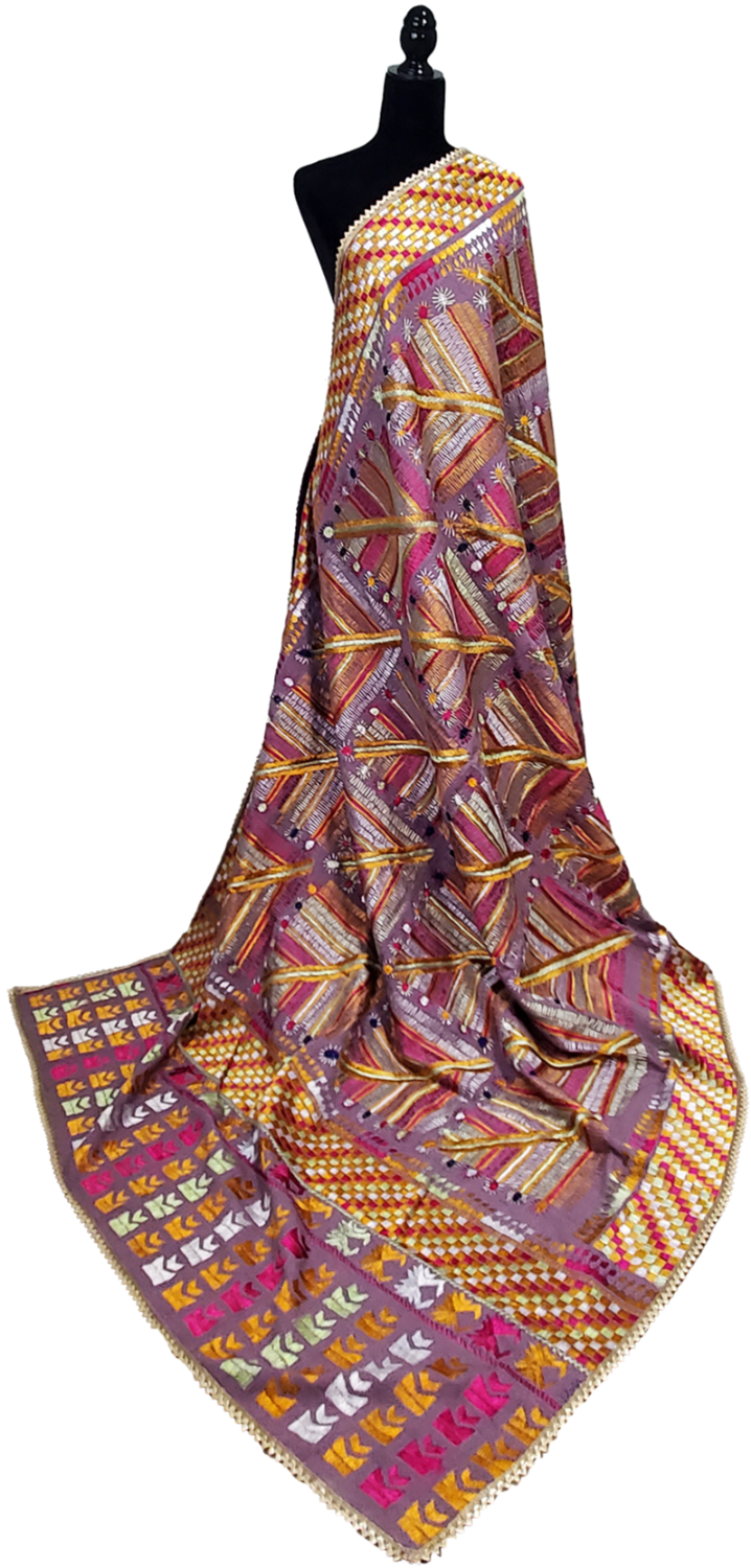 Light Purple Bagh Phulkari Khaddar Leaf and Floral Thread Work.