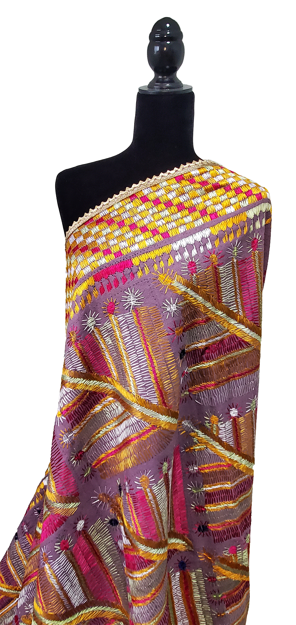 Light Purple Bagh Phulkari Khaddar Leaf and Floral Thread Work.