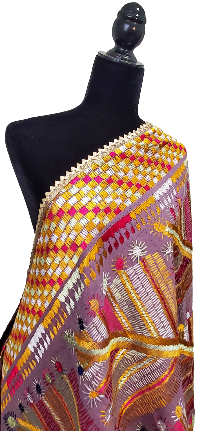 Light Purple Bagh Phulkari Khaddar Leaf and Floral Thread Work.