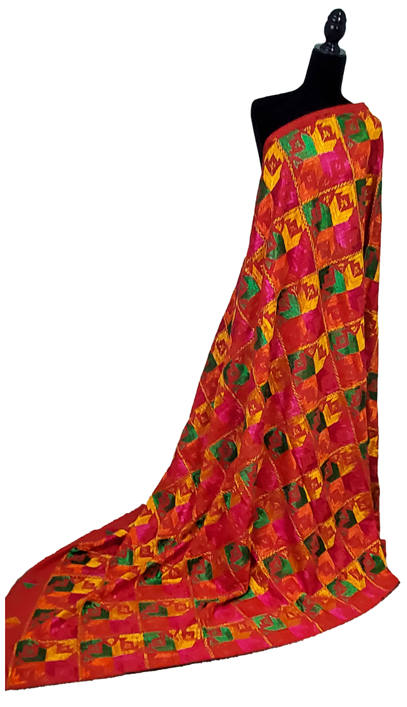 Red Khaddar Bagh Phulkari Handmade Floral Thread Work