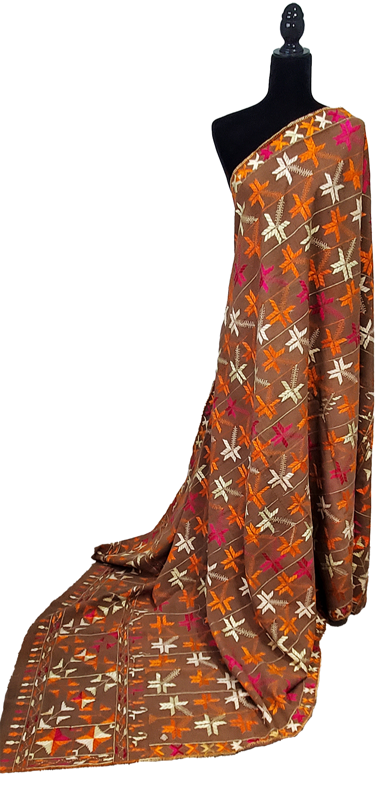 Soil Brown Bagh Phulkari Antique Handmade Khaddar Floral Thread Work