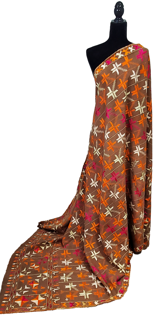 Soil Brown Bagh Phulkari Antique Handmade Khaddar Floral Thread Work