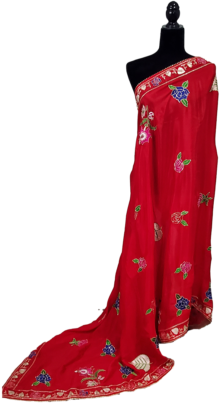 Red Pure Chinon handmade with Thread Work.