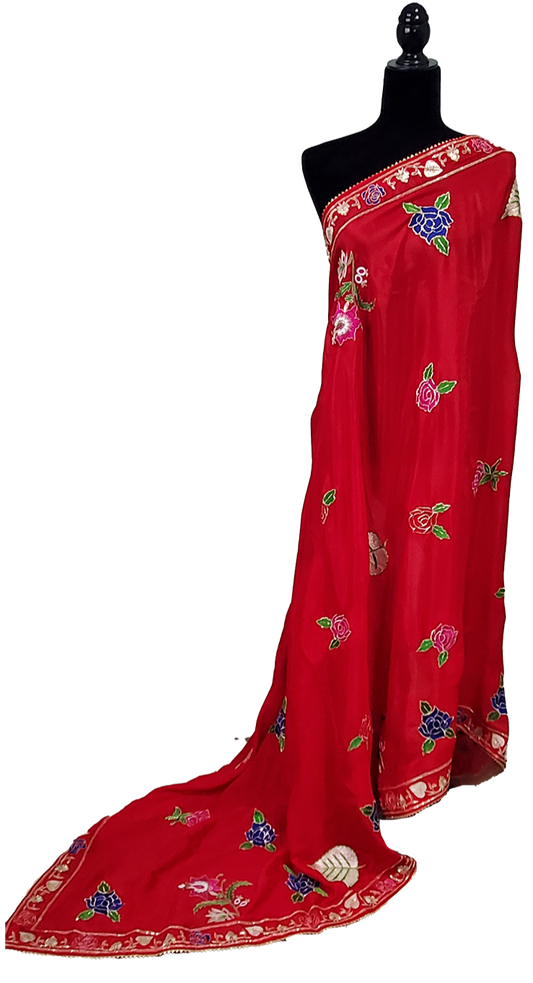 Red Pure Chinon handmade with Thread Work.