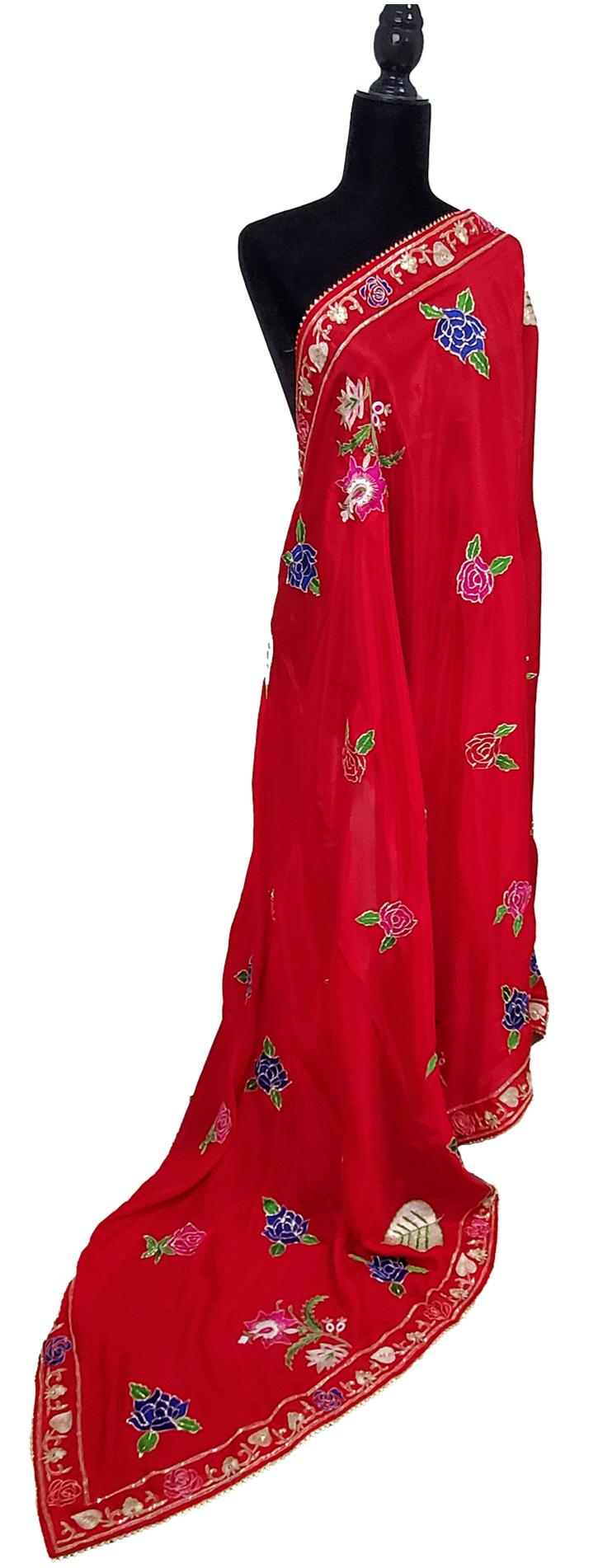 Red Pure Chinon handmade with Thread Work.