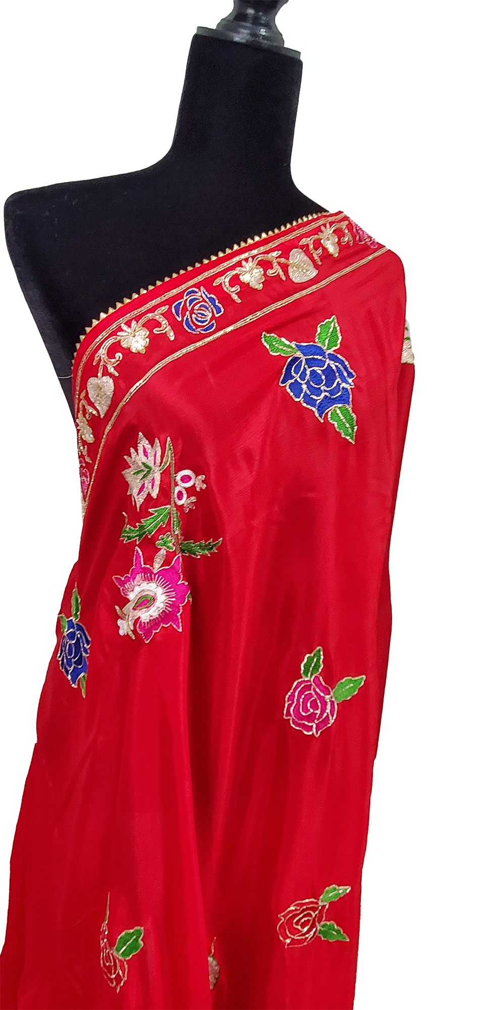 Red Pure Chinon handmade with Thread Work.