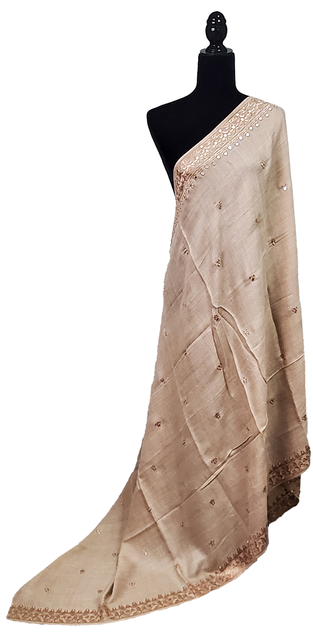 Light Brown Woolen Shawl Sitara and Thread Work