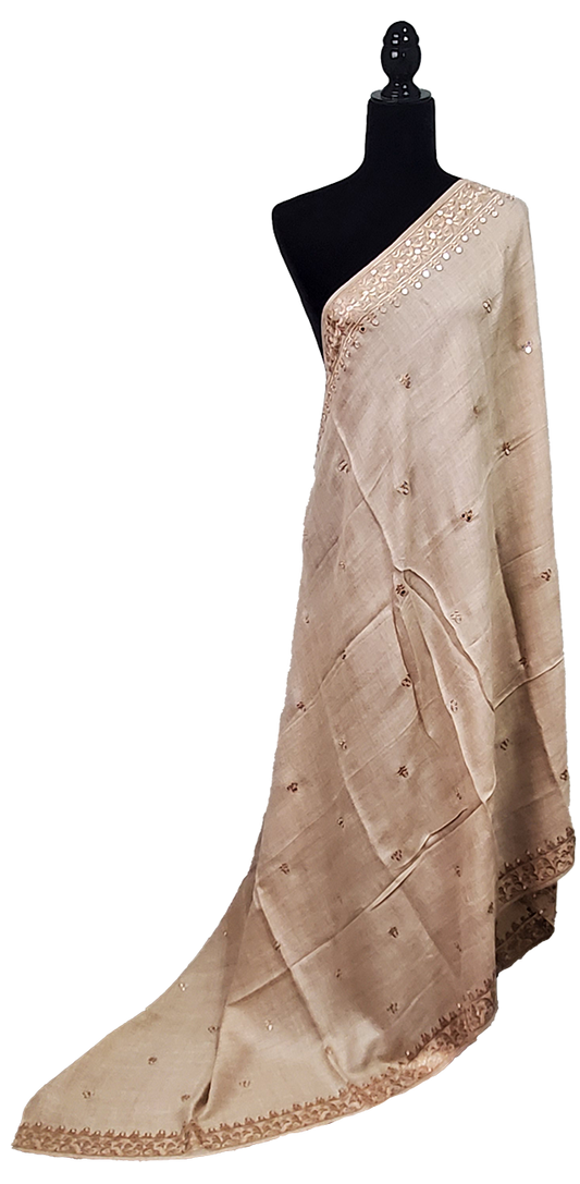 Light Brown Woolen Shawl Sitara and Thread Work