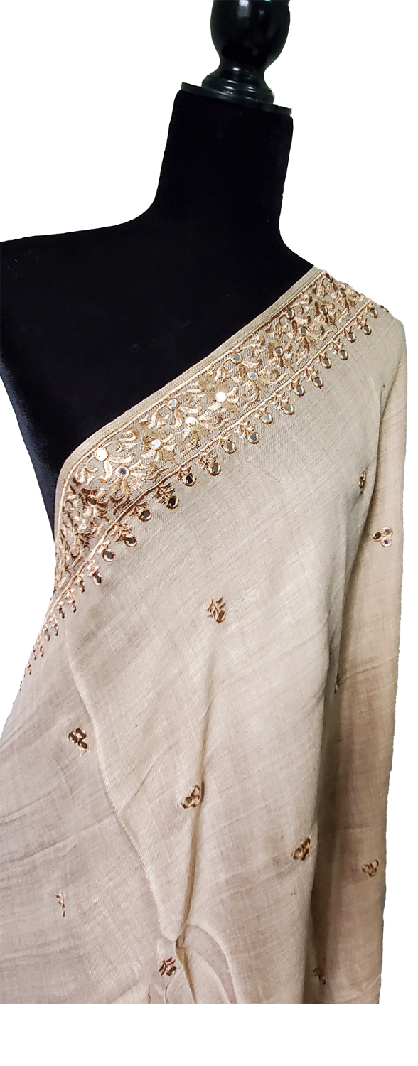Light Brown Woolen Shawl Sitara and Thread Work