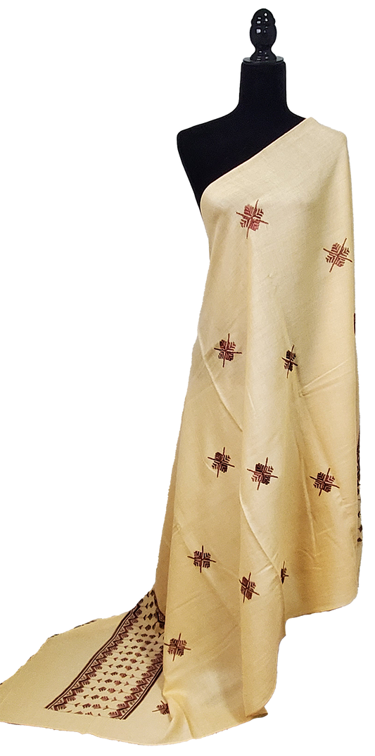 Golden Shawl with Brown Floral Design Thread Work done