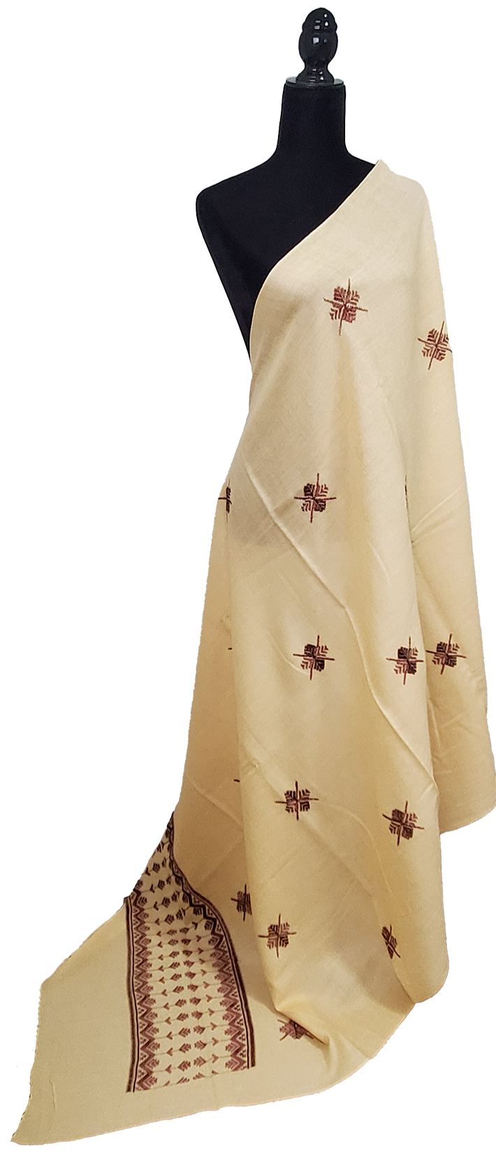 Golden Shawl with Brown Floral Design Thread Work done