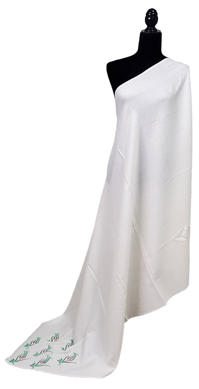Off White Woolen Shawl Greens Lotus Floral Thread Work
