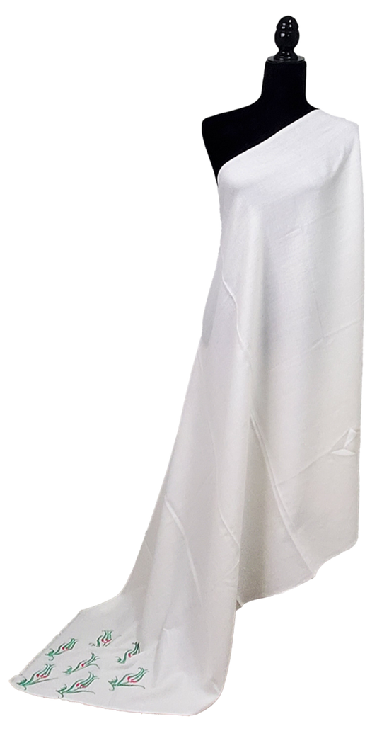 Off White Woolen Shawl Greens Lotus Floral Thread Work