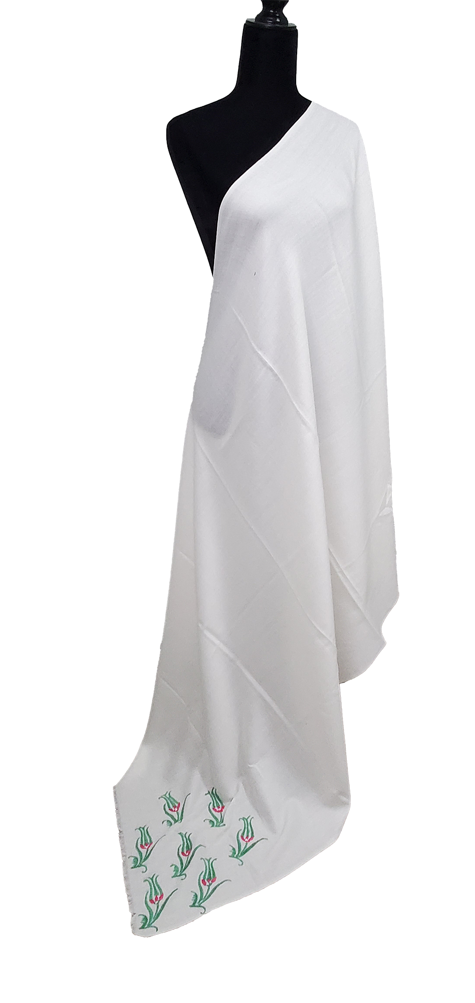 Off White Woolen Shawl Greens Lotus Floral Thread Work