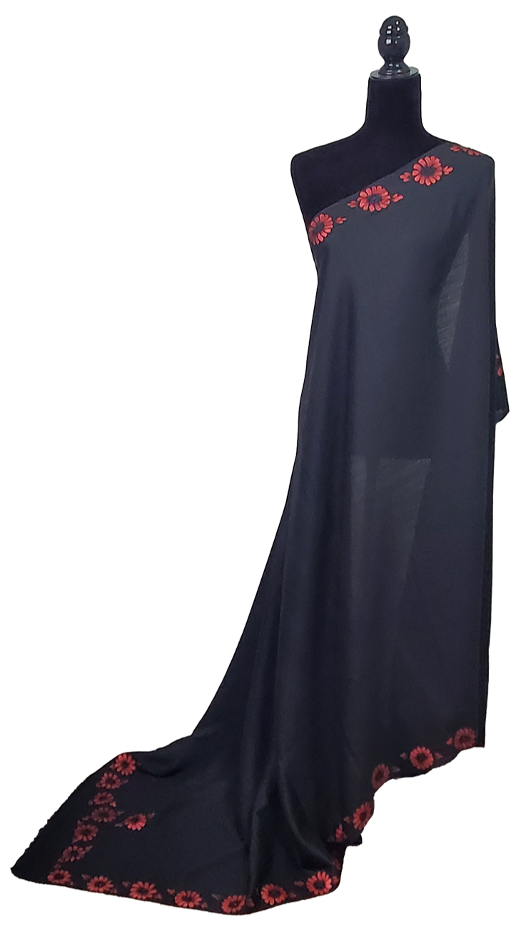 Black Woolen Handmade Floral Border with Handpaint Work