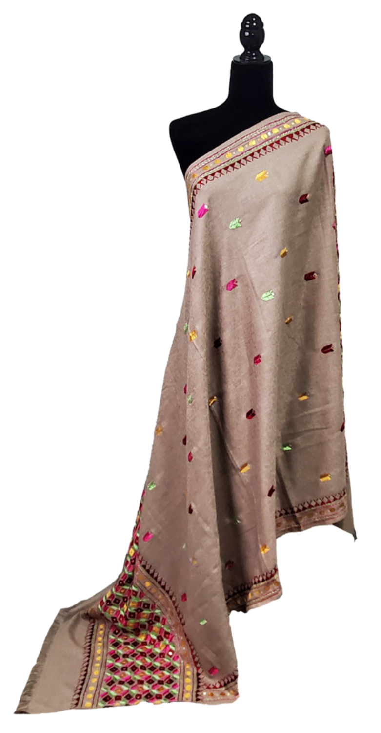 Light Brown Woolen Shawl Phulkari Handwork