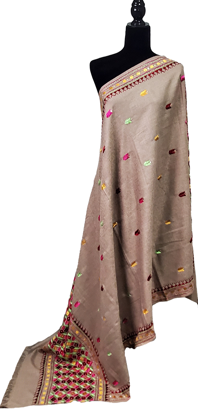 Light Brown Woolen Shawl Phulkari Handwork