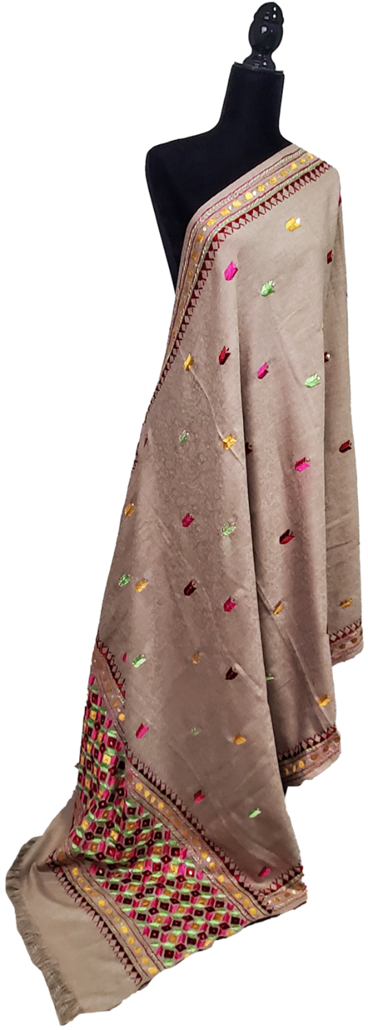 Light Brown Woolen Shawl Phulkari Handwork