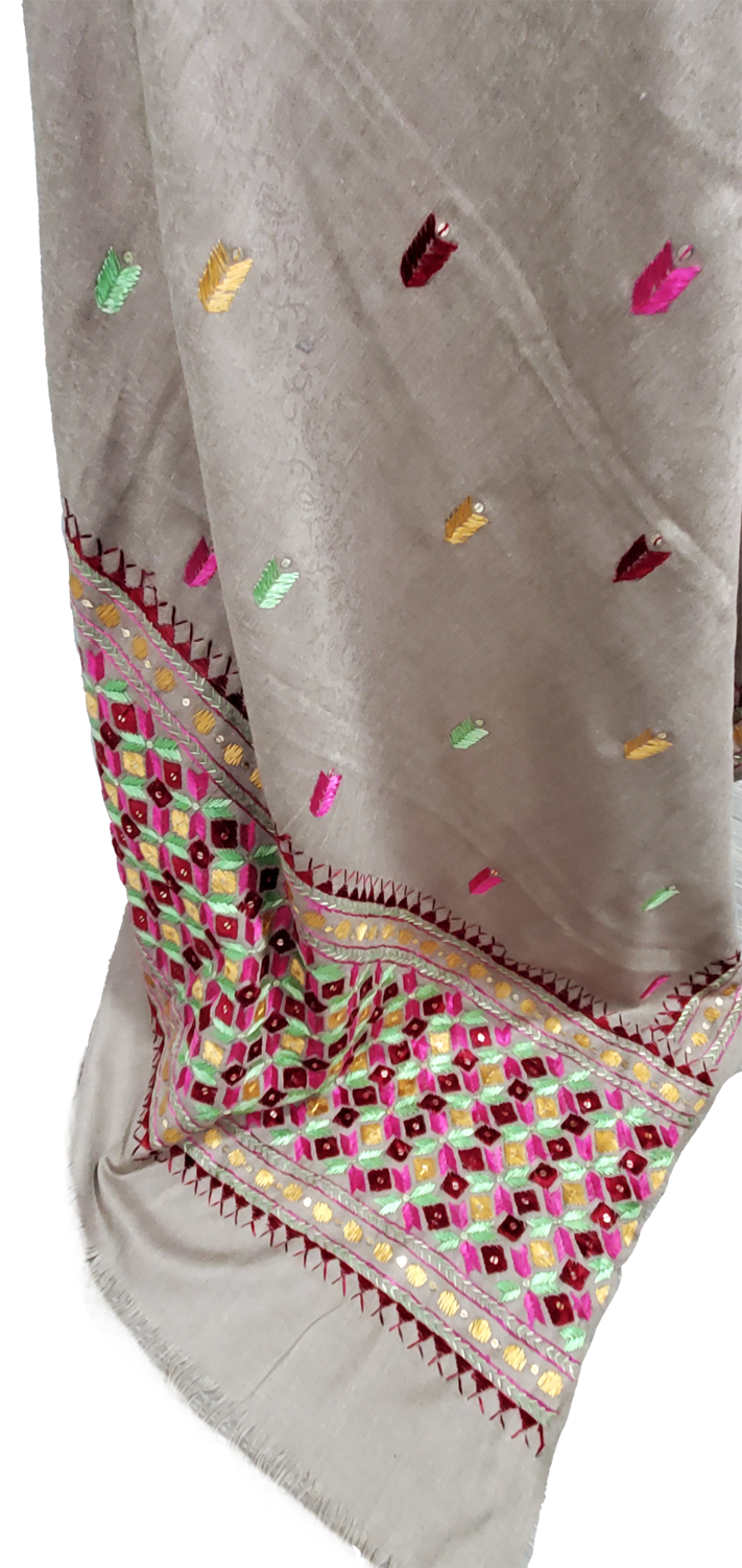 Light Brown Woolen Shawl Phulkari Handwork