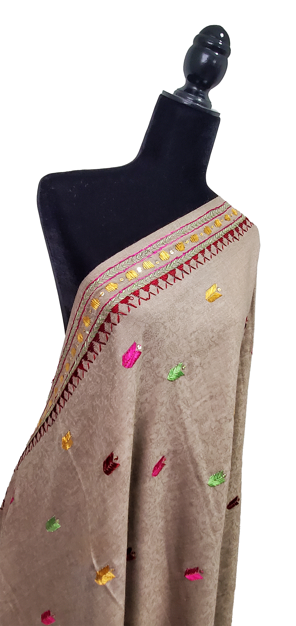 Light Brown Woolen Shawl Phulkari Handwork
